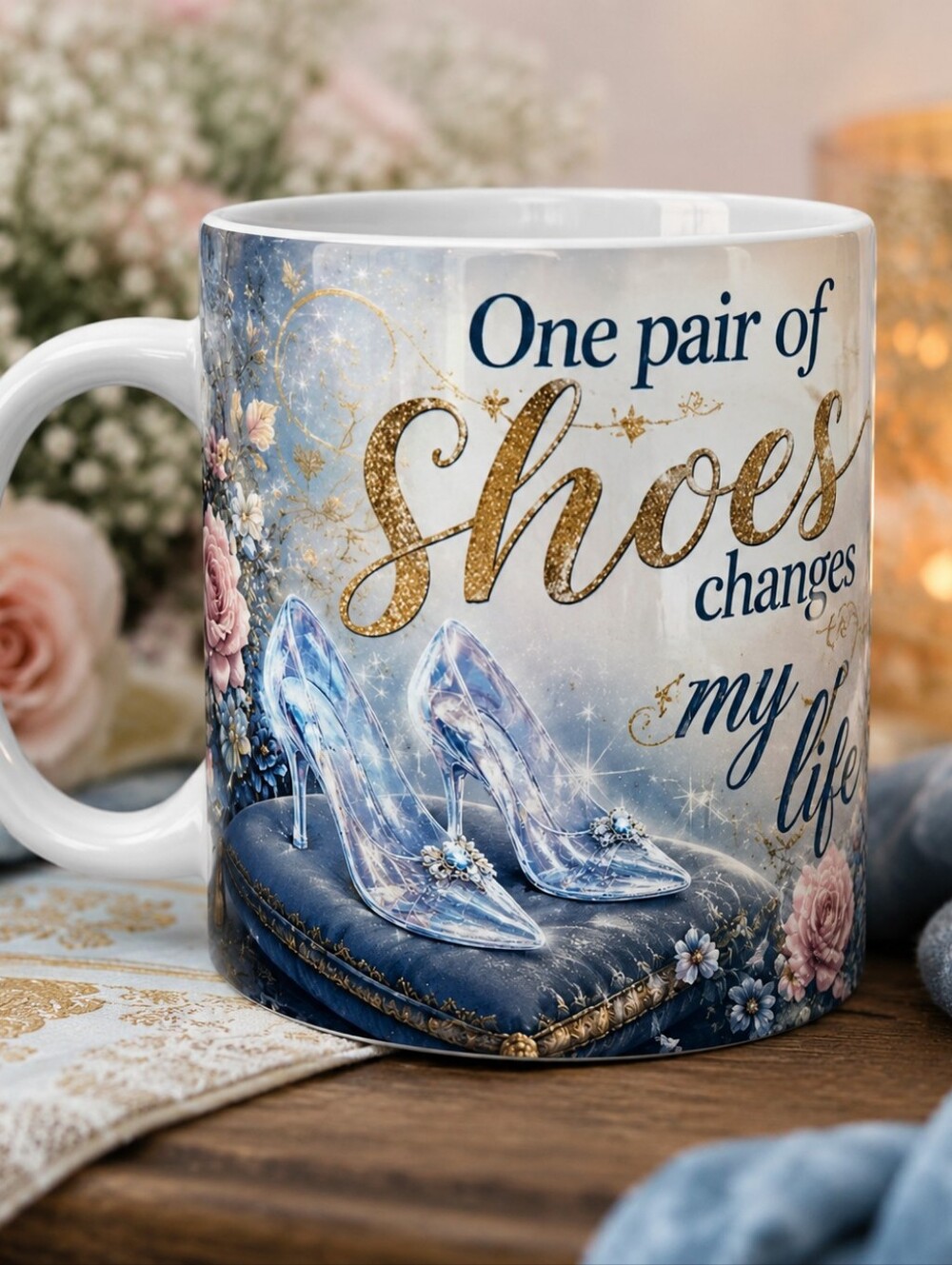Hand Crafted White and Blue Cinderella Glass Slipper Coffee Mug